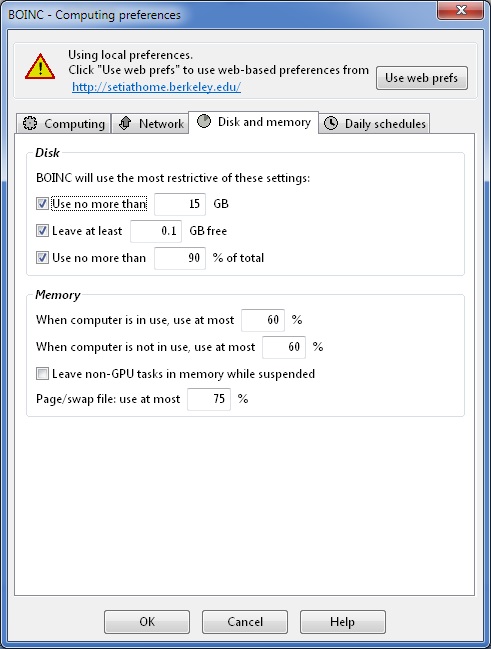 Advanced View local preferences, Disk and memory usage tab.